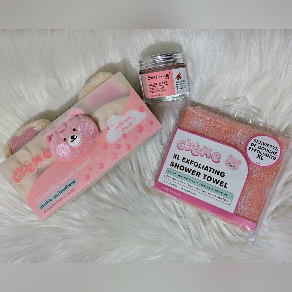 The Creme Shop Boba Bears Bundle Spa Headband Exfoliating Band & Night Mask New!